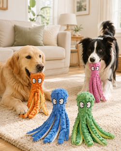 Deux chiens avec les jouets Poulpy™ poulpe orange, bleu, vert et rose