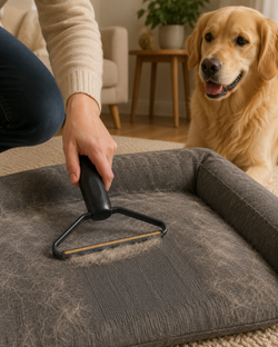 Brosse anti-poils noire retirant les poils d’un panier pour chien
