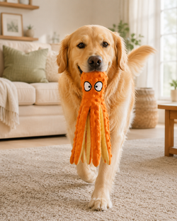 Golden Retriever tenant le jouet Poulpy™ orange pour chien