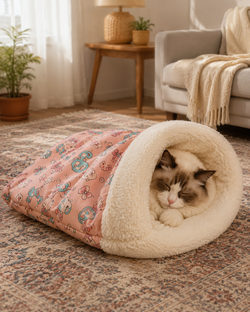 Couchage cocon enveloppant pour chat