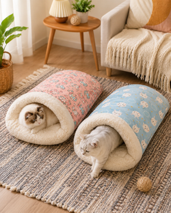 Tunnel cocon pour chat disponible en bleu, jaune et rose