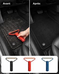 Brosse anti-poils rouge nettoyant les poils sur un siège de voiture