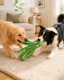 Deux chiens jouant avec le jouet Poulpy™ vert