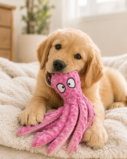 Chiot Golden Retriever mâchouillant le jouet Poulpy™ rose