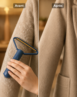 Brosse anti-poils bleue utilisée sur le tissu d’un canapé