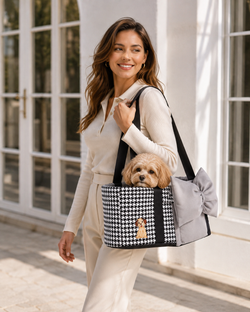 Petit chien installé dans un sac de transport sur un siège de voiture