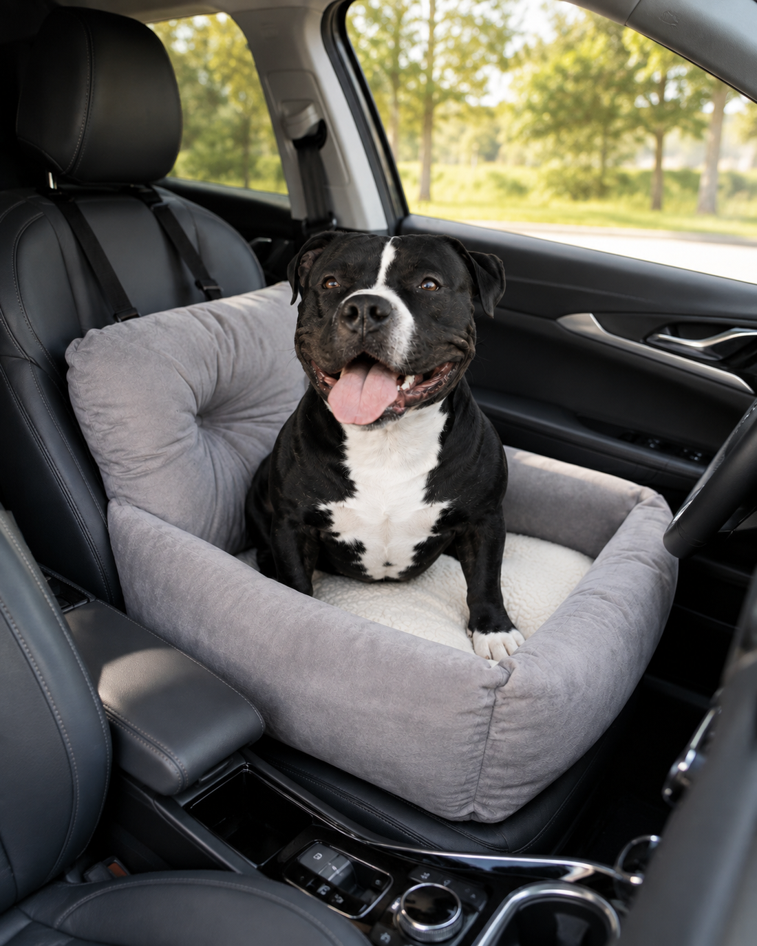 Siège auto surélevé gris rembourré pour petit chien